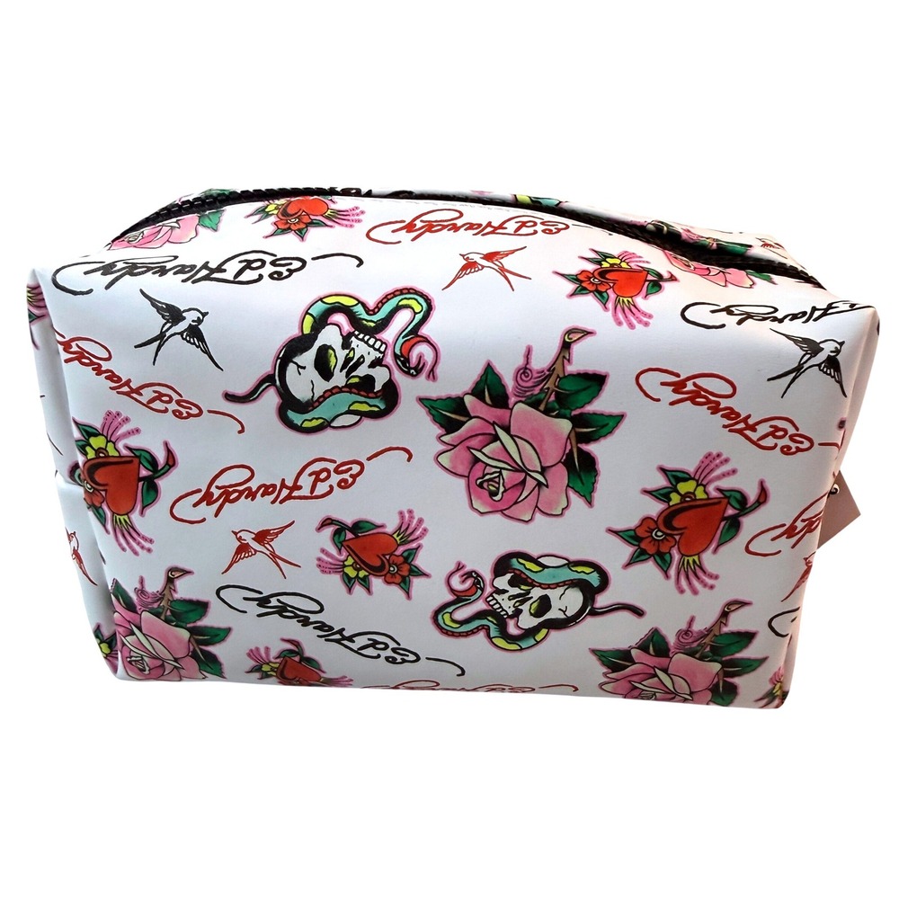 Ed Hardy Cosmetic Bag Womens White Tattoo Print‎ Skull Rose Y2K Travel Bag NWT View 5